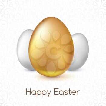 Golden and white Easter eggs with reflections and reflexes, volumetric 3D vector illustration. Party invitation template. Perfect for greeting card or elegant party invitation.