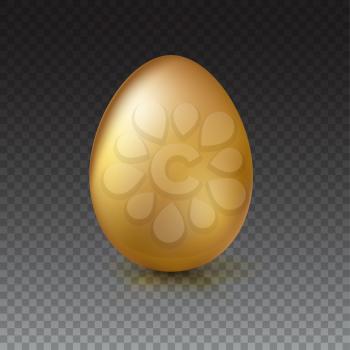 Golden egg, Realistic Ester egg with reflections and reflexes, volumetric 3D vector illustration. Party invitation template on transparent background.