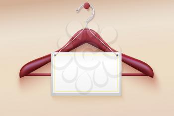 Wooden hanger with tag isolated on cream background. Realistic vector illustration