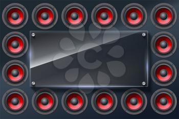 Audio speakers, subwoofers, wall of sound loudspeaker with red diffuser isolated on dark background. Glass banner with copy space, place for your text.