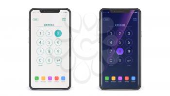 Concept of touch screen smartphone, UI design. Screen of enter password with icons and buttons isolated on white background. Mobile phone wireless communication. Vector 3d illustration