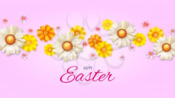 Poster with easter camomile for decoration of celebration. Template of banner for spring season with realistic buds of flower of daisy. Editable 3d vector illustration. Holiday card, cover, leaflet.