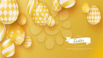 Abstract banner with three-dimensional Easter eggs in modern 3d style. Trendy minimalistic color and textures. Eggs decorated Easter spring patterns. Vector 3d template for invitation, cover, leaflet.