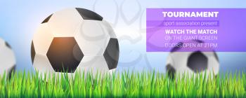 Football balls in green grass, close up on background of blue sky. Modern sport banner for soccer tournament, competition or championship. Vector template for poster, cover. 3d illustration