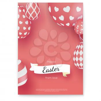 Vector poster with greeting Happy Easter holidays. Banner in trendy single color. White ribbon in vintage, old school style with design of greeting text. Easter eggs in three-dimensional style