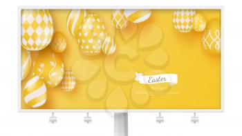 Holiday banner, billboard. Celebrate of Happy Easter. Creative banner in trendy minimalistic yellow color. Three-dimensional Easter eggs in modern style. 3d eggs decorated different Easter patterns