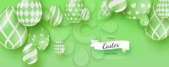 Happy Easter. Creative banner with three-dimensional Easter eggs in modern style. Trendy minimalistic green color. 3d eggs decorated different Easter patterns. Vector template for invitation, cover.