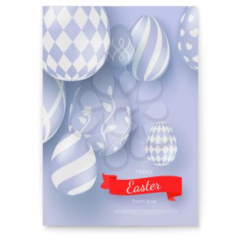 Vector poster with greeting Happy Easter holidays. Creative banner in trendy minimalistic contrast colors. Red ribbon in old school style with design of text. Easter eggs in three-dimensional style