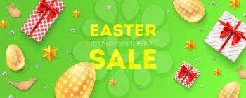 Easter sale, 50 percent off. Holiday offer, huge discounts. Pattern with festive gift boxes, golden Easter eggs, cookies and Easter decorative elements. Top view on promotional banner, flat lay
