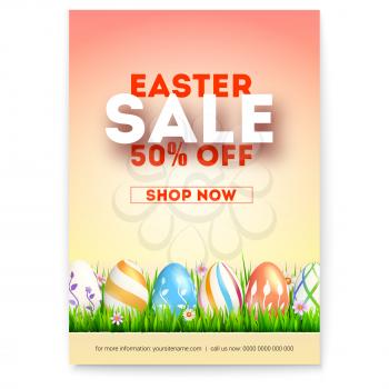 Easter sale. Ad poster with special holiday offer. Creative design of promotional text. Set of painted Easter eggs on spring green grass. Vector illustration for festive discount actions