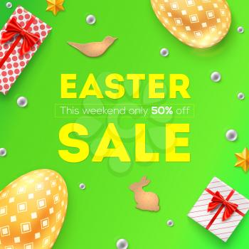 Easter sale, discount of 50 percent off. Pattern with festive gift boxes, golden Easter eggs, cookies and Easter decorative elements. Top view on promotional banner with green background
