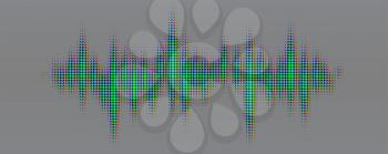 Multi colored halftone pattern from red, green, blue dots for softlight or overlay blending mode. Modern design rhythm of heart. Audio waveform. Abstract dotted ornament isolated on gray background