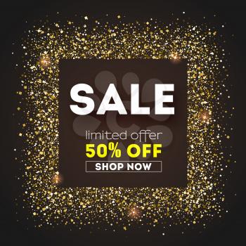 Sale, get up to 50 percent discount. Advertising text for selling events. Glittering frame from shining golden dust on black background. Template for banner, poster, luxury cover.