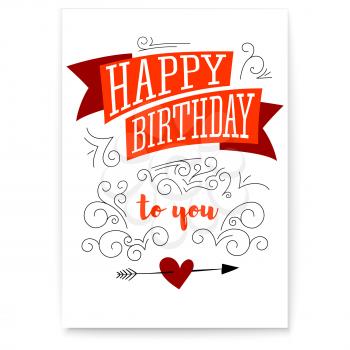 Happy birthday. Design of text, lettering, vintage poster. Stylish greetings of happy birthday. Creative birthday card with elements of hand drawing doodle. Vector illustration, eps10.