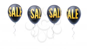 Set of colored balloons with word of sale, symbol of discount isolated on white background. Set of icons for retail, shopping, markets. Black balloons floating in the air, template for sales actions