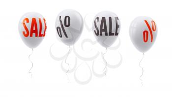 Set of colored balloons with percent and sale sign. Symbol of discount isolated on white background. Set of icons for retail, shopping, markets. White balloons floating in the air