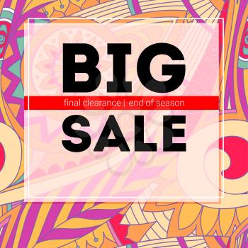 Big sale banner, get up to discount. Sales poster on tribal pattern backdrop. Special offer banner. Shopping sale sign. Geometric ethnic tribal pattern. Ad for shopping events, 3D illustration.