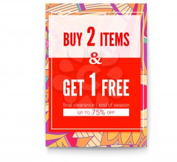 Buy two things, one get for free. Sales poster on tribal pattern backdrop. Get up to seventy five percent discount. Special offer banner. Ad for shopping events, 3D illustration