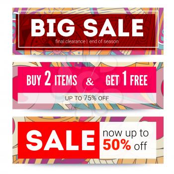 Set of sales banner on tribal pattern backdrop. Offer about fantastic discounts. Big sale, get up to discount, buy two things one get for free. Ad for shopping events, 3D illustration.