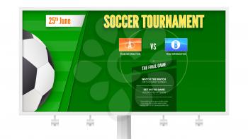 Soccer or european football tournament on billboard. Horizontal poster for football competition or sport events with ball and football field, top view. 3D illustration, template for print design.