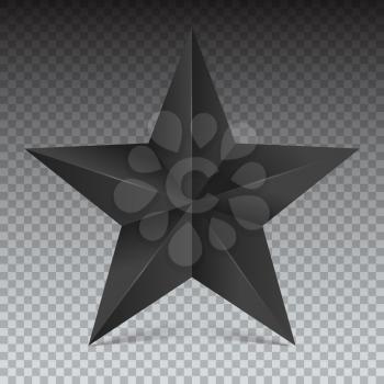 Volumetric five-pointed star. Icon of classic black star on white transparent background, 3D illustration.