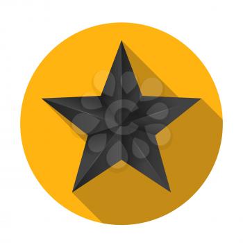 Volumetric five-pointed star with flat shadow. Icon of classic black star on yellow round background, 3D illustration.