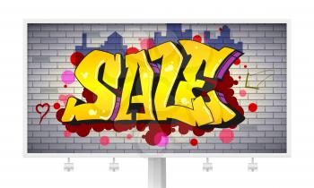 Sale, lettering in hip-hop, graffiti style. Urban ad horizontal billboard. Street art on the brick wall. Advertising poster about discounts. Stylish design of banner with your offer. 3D illustration.