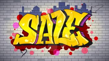 Sale, lettering in hip-hop, graffiti style. Urban ad horizontal poster. Street art on the brick wall. Advertising about discounts. Stylish design of banner with your offer. 3D illustration.
