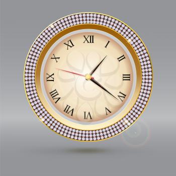 Clock with diamonds and Roman numerals. Icon of luxury watch, jewelry decoration with dial and arrows.