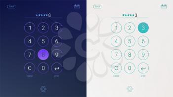 Passcode interface for lock screen, login or enter password pages. Digital numpad app, user interface kit, mobile interface. Concept of UI design, light and dark variants