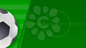Soccer or european football green field. Horizontal banner for football competition or sport events with ball and field, top view. 3D illustration, template for cover, print design, posters.