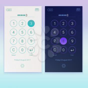 Passcode interface for lock screen, login or enter password pages. Concept of UI design, day and night variants. Digital numpad app, user interface kit, mobile interface. UI elements, 3D illustration.
