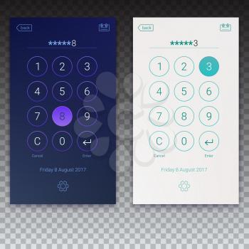 Passcode interface for lock screen, login, enter password pages. Concept of UI design, day and night variants on transparent background. Digital numpad app, user interface kit, 3D illustration.