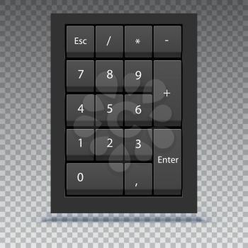 Numeric keypad, close up view. Calculator numpad with numbers, computer keys on keyboard on transparent background.