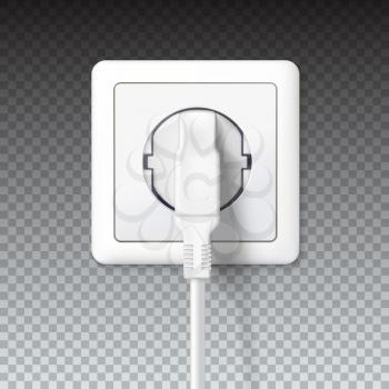 The plug is plugged into the power lines. White plug inserted in a wall socket. 3D illustration isolated on transparent background. Icon of device for connecting electrical appliances, equipment