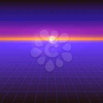 Futuristic abstract background with the sun on the horizon. Sci fi violet retro gradient, vintage style of the 80s. Digital cyber world, virtual surface with neon grids. Vector for design of layout