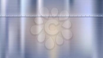 Metal background with texture and rivets. Polished riveted metal sheets. Panel with reflections and blurred reflections. Template for your design