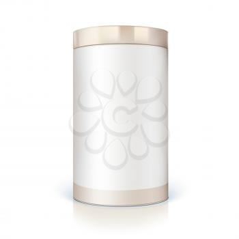 Round tin of packaging for bulk products. Container cylindrical shaped with glossy light, icon of blank round tin can template. Vector 3D illustration isolated on white background.