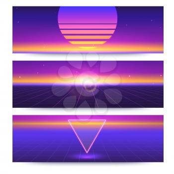 Futuristic abstract banners with the sun on the horizon. Sci fi violet retro gradient, vintage style of the 80s. Digital cyber world, virtual surface with light. 3D illustration for design of layout