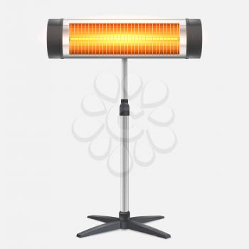 The quartz halogen heater with the glowing lamp. Domestic electric heater standing on chrome metal stand, isolated on white. Appliance for space heating in the interior, 3D illustration.