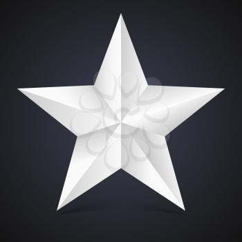 Volumetric five-pointed star with shadow. Icon of classic white star on black background, 3D illustration.