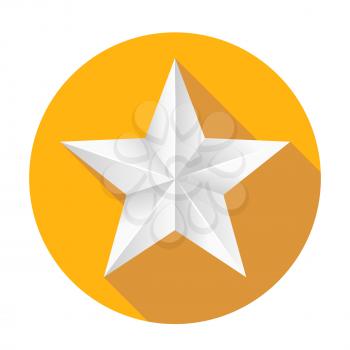 Volumetric five-pointed star. Icon of classic white star on yellow round background, 3D illustration.