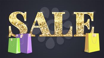 Black sale background. Glittering text Sale with colored paper shopping bag with labels new purchased items. Banner in HD format for your business ad about discount.
