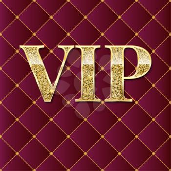 VIP golden letters with glitter on abstract quilted background, luxury card. Geometric repeating luxury ornament with golden diagonal square. Template for invitation, cover or banner.
