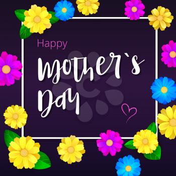 Happy Mother day. Greeting banner with white frame for your congratulations cards. Realistic colorfull, bright, spring flowers on dark backdrops. Ready for your beloved mother.