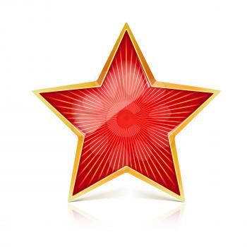 Red star with gold metal rim and radiating from the center rays. Realistic symbol of the USSR with reflexes and reflections. Soviet red star, isolated on white background. Symbol of the holidays