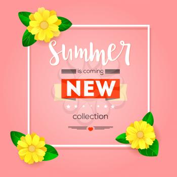 Summer new collection banner. Vintage style text poster with graphic elements and daisies. Yellow flower with green leaf. Template, mock-up online shopping, advertising actions, magazines and other.