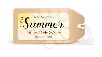 Advertising banner sales with typography. Summer sale 50 percent discount, buy now. Advertising in retro style on the label, tag with the bright sun