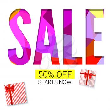 Holiday sale with gift, advertising banner on white and triangles background. Red gift boxes with ribbon. 50 percent off, starts now.