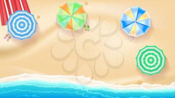 Set of colorful beach sun umbrellas flip-flops and beach Mat on the background of sand near the sea surf with beach flip flops and starfish, top view. Vector illustration for your poster or covers